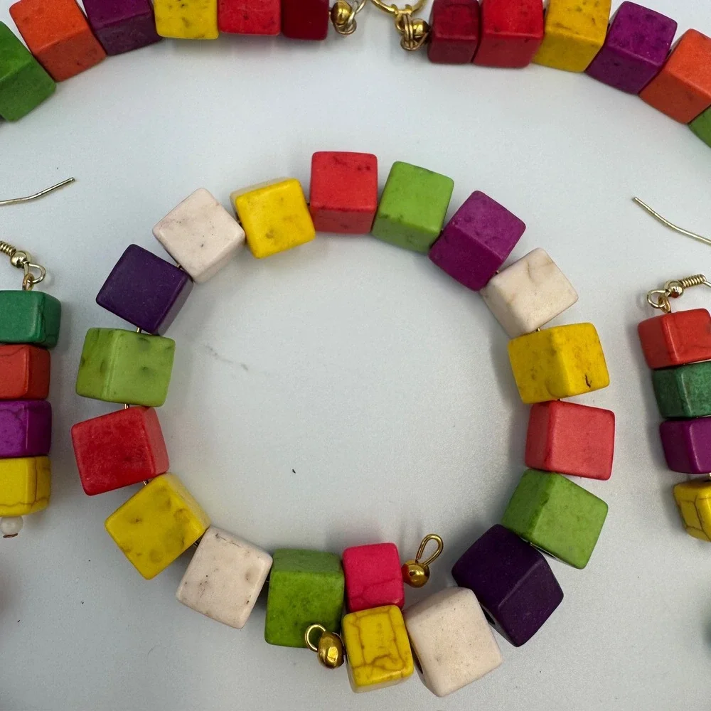 Multicolor Stone Cube Cross‎ Jewelry Set Necklace Bracelet Earrings Boho Rainbow